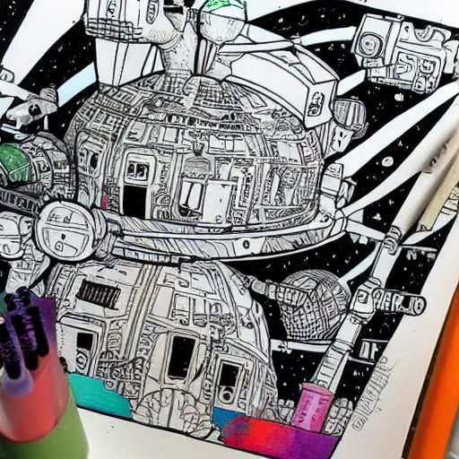 Prompt: colorful cute space station, intricate ink drawing, highly detailed in the style of jeff lemire