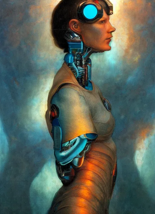Prompt: portrait of a cyborg female scientist, cinematic light, looking to the side off camera, backlight glow, teal orange, mist, by gerald brom, by mikhail vrubel, by peter elson, muted colors, extreme detail, trending on artstation, 8 k