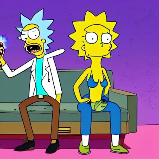 Image similar to Rick & Morty starring in the simpsons couch-gag