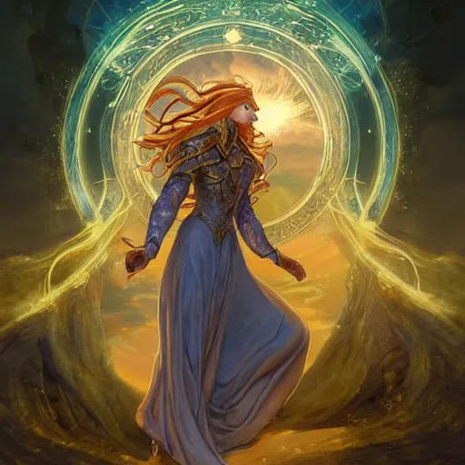 Prompt: a detailed tarot card of a human wizard casting a spell, female, auburn hair with blonde highlights, crackling blue lightning, fantasy, d & d, intricate, elegant, highly detailed, digital painting, artstation, concept art, matte, sharp focus, illustration, in the style of magic the gathering, art by artgerm and greg rutkowski and alphonse mucha