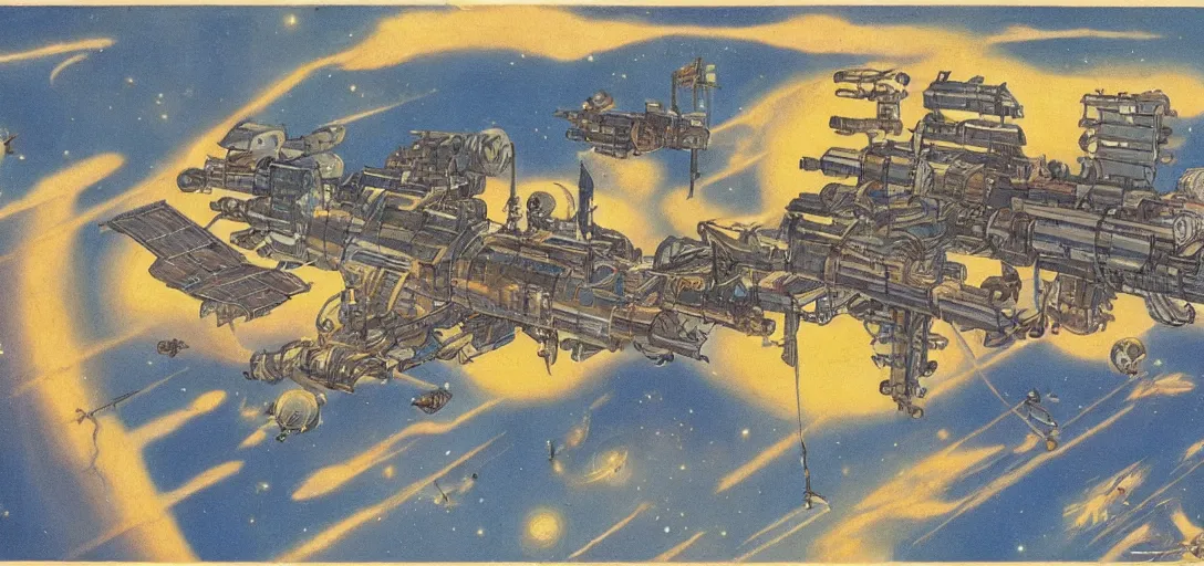 Image similar to Space station made by anthropomorphic rats, painting by Hiroshi Yoshida style