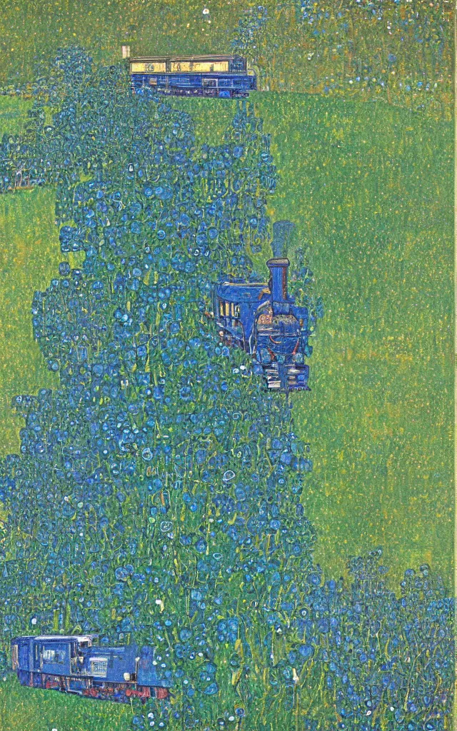 Prompt: blue and green train in the country, vintage poster, klimt style, overdetailed,
