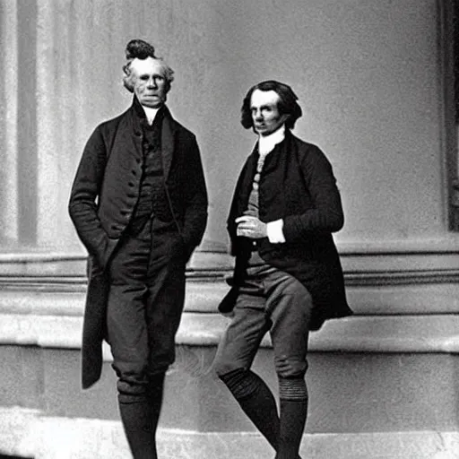 Prompt: old photograph of alexander hamllton and thomas jefferson smoking a blunt