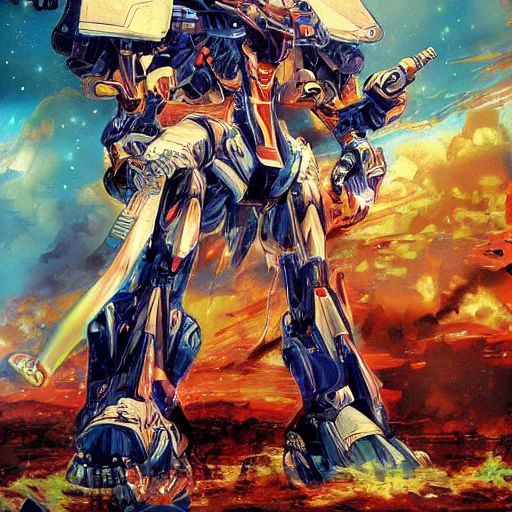 Image similar to beautiful picture of a giant Mecha, flames, anime style, art by Yasuhiko Yoshikazu, trending on Artstation