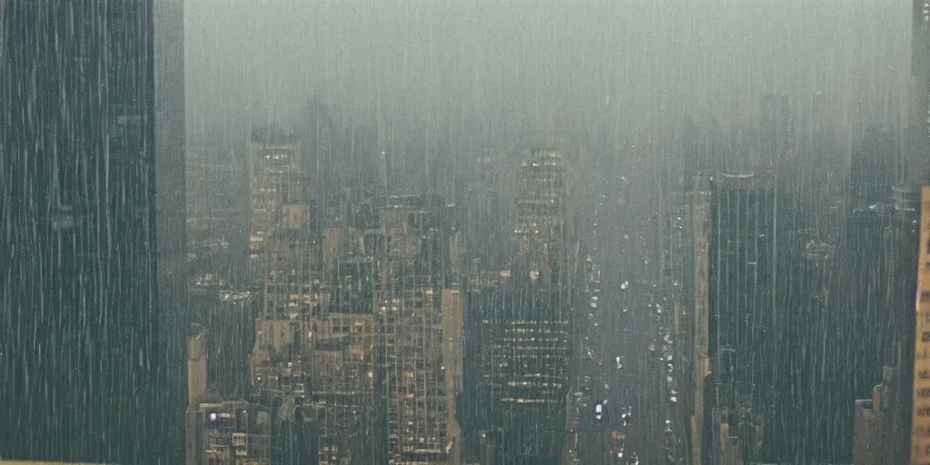 Prompt: a real photo of new york viewed from a very far away wet skyscraper's window on a rainy day, by william eggleston