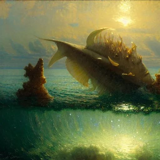 Image similar to point of view of deep in the ocean looking up, you see fishes, higher up you see very clearly the milk way illuminating the sea down bellow, night time. highly detailed painting by gaston bussiere, greg rutkowski 8 k