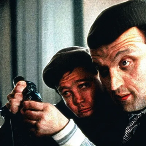 Prompt: portrait of alexandr zembatov and mikhail alontsev in gangsta comedy of 1990s, movie shot