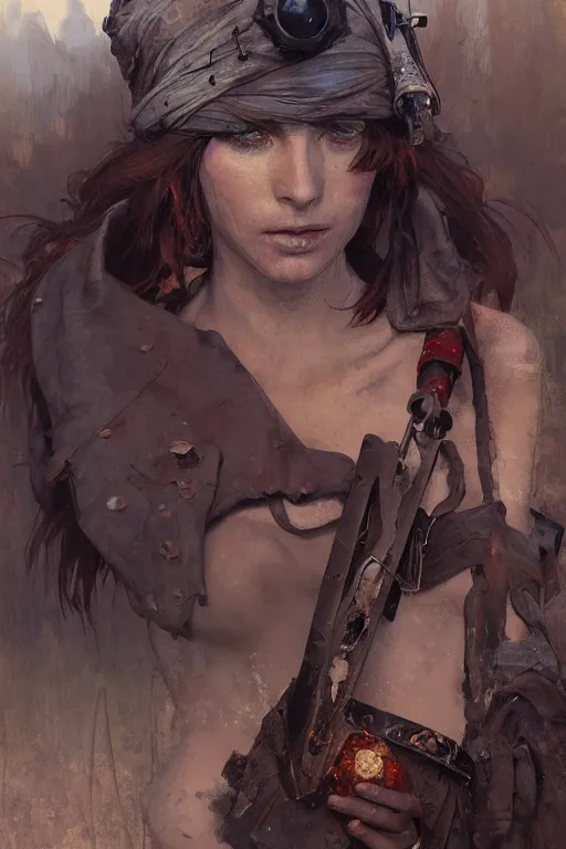 Prompt: a full body portrait of a beautiful post apocalyptic offworld miners quarter bedouin blind pulp fiction scarlet wild rogue barbarian leper begging by the roadside, intricate, elegant, highly detailed, digital painting, artstation, concept art, smooth, sharp focus, illustration, art by krenz cushart and artem demura and alphonse mucha