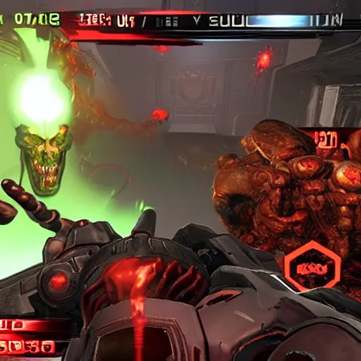 Image similar to Doom Eternal VR punching the skull off a demon