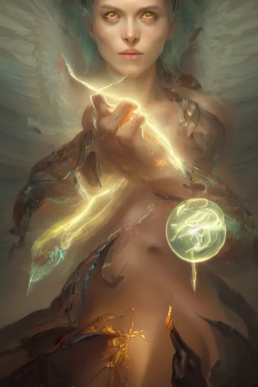 Image similar to portrait of a beautiful model casting magic spell holding electricity, angel, fantasy, dramatic lighting, highly detailed, digital painting, holding electricity, magic the gathering, hyper detailed, 3 d render, hyper realistic detailed portrait, peter mohrbacher, wlop, ruan jia