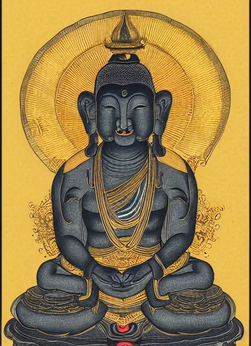 Image similar to detailed illustration of an anthropomorphic asian black bear Buddhist bodhisattva, seated in royal ease, 0.1 black micron pen, gilded gold halo behind head, highly detailed, fine pen work, religious iconography,