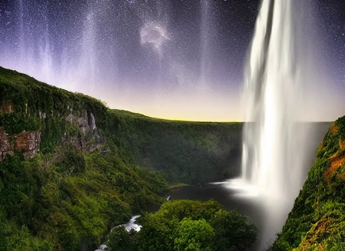 Image similar to a long capture photo of a magical waterfall, high cliff, night, stars in the sky