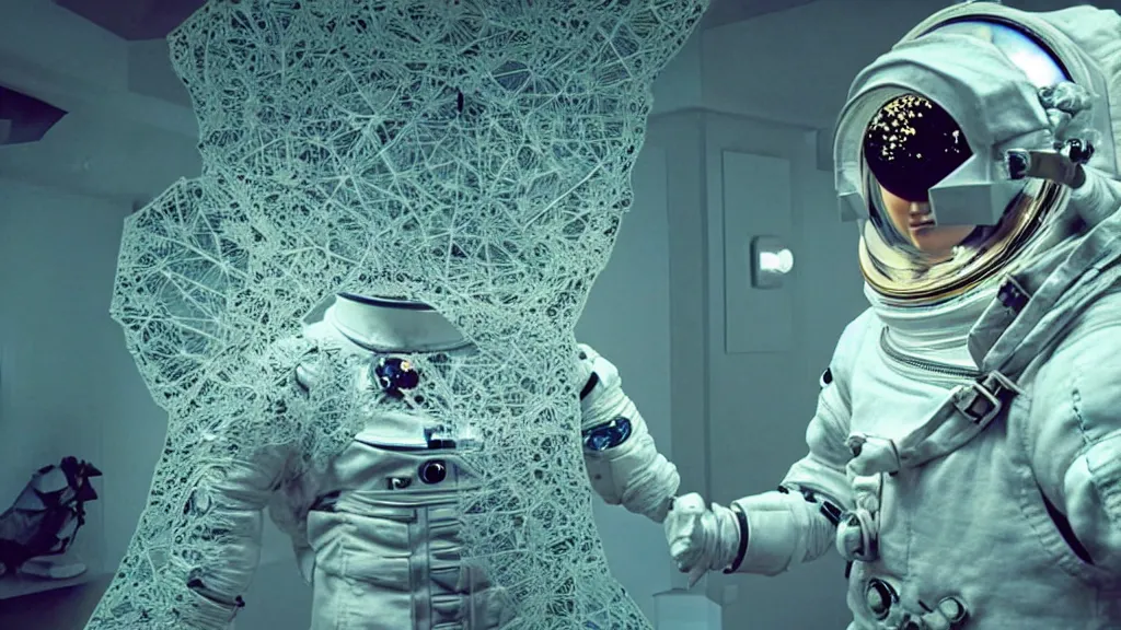 Image similar to a astronaut eva suit covered in diamond 3d fractal lace iridescent bubble 3d skin and covered with insectoid compound eye camera lenses floats through the living room, film still from the movie directed by Denis Villeneuve with art direction by Salvador Dalí, wide lens,