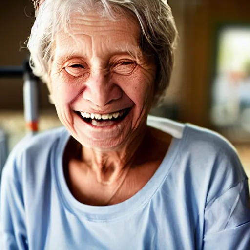 Image similar to an old woman smiling. she has a thin transparent oxygen tubing under her nose