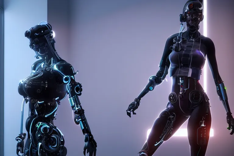 Image similar to cyberpunk cyborg woman concept inspired, futuristic look, highly detailed body, very powerful, photorealistic camera shot, bright studio setting, studio lighting, crisp quality and light reflections, unreal engine 5 quality render