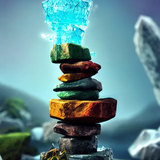 Prompt: a closeup photorealistic photograph of a rock tower with some leaves, fantastic four theme. icy colorful drink. bright scene. fine detail. this 4 k hd image is trending on artstation, featured on behance, well - rendered, extra crisp, features intricate detail, epic composition and the style of unreal engine.