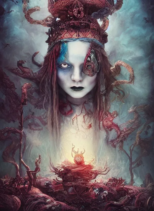 Image similar to alice in wonderland, viking god, highly detailed, cinematic, 8 k, by megan duncanson, benjamin lacombe, adrian borda, stanley artgermm, tom bagshaw, craig mullins, carne griffiths, ayami kojima, beksinski, giger, trending on deviantart, hyper detailed, horror, full of colour