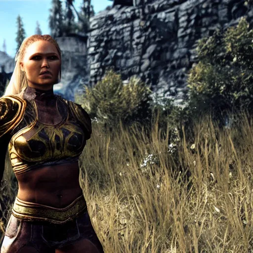 Image similar to character screenshot of ronda rousey dc in skyrim, female armor, npc talking, wilderness, 1 0 8 0 p, bokeh, elder scrolls v, detailed, dialog text