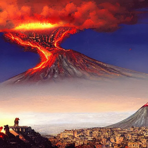 Prompt: Mount Vesuvius erupting over the city of Pompeii by Marc Simonetti