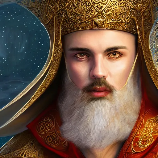 Prompt: adult wizard wearing a byzantine hat and a robe with star and moon pattern, handsome face, focus eyes, large star symbol, ultra realistic soft painting, full body, fantasy, intricate, elegant, highly detailed, digital painting, artstation, concept art, matte, illustration, 8 k