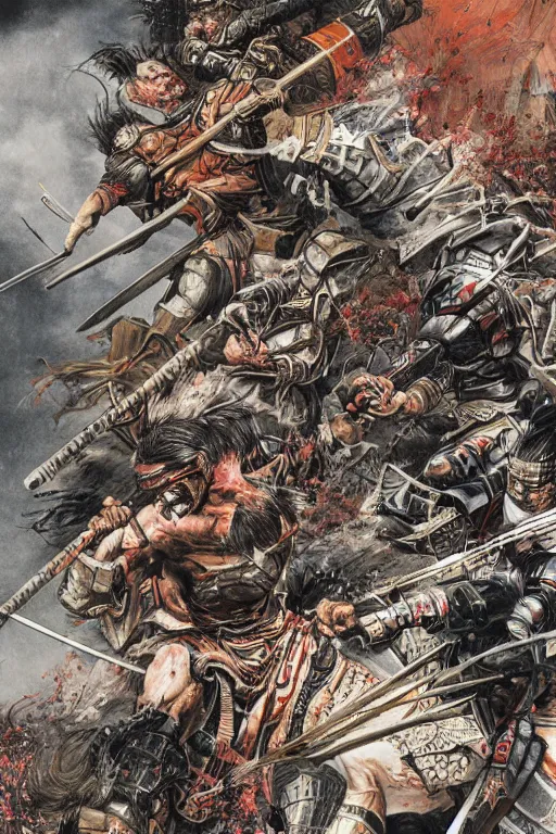 Image similar to hyper detailed illustration of a samurai battle by Kev Walker, simon bisley and paolo parente