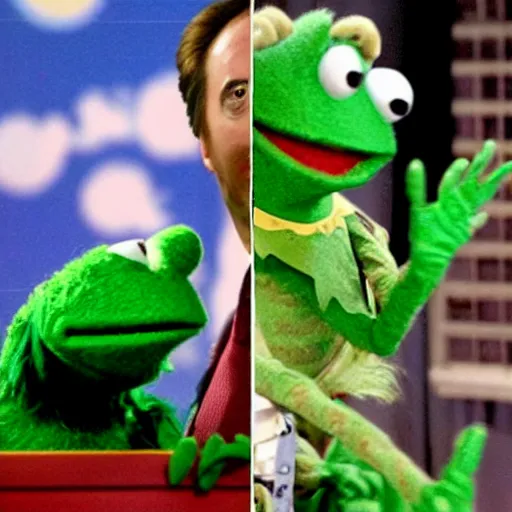 Prompt: an emaciated nic cage playing kermit the frog on sesame street, hd digital photography