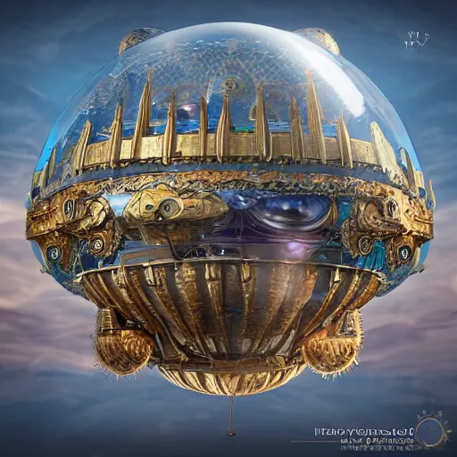 Image similar to enormous flying city in a faberge egg, sky, steampunk, fantasy art, masterpiece, unreal engine