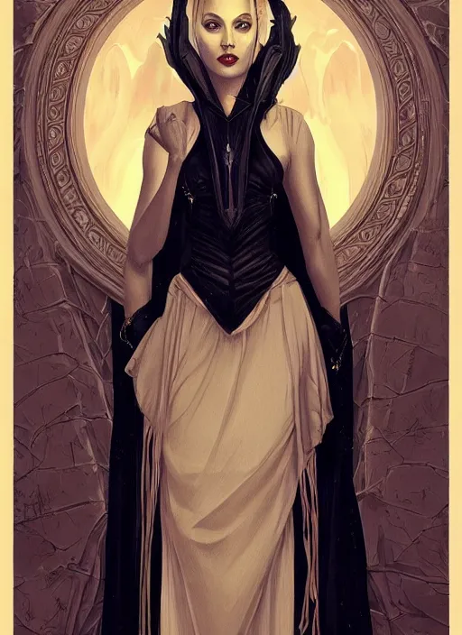 Image similar to tarot!!, high priestess, no noise, elegant, concept art, sharp focus, beautiful face!!, digital art, smooth defined outlines!!, human anatomy, human structure, vector background, dark fantasy, by Brom, trending on Artstation, Tom Bagshaw, Sargent