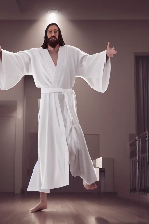 Prompt: jesus christ wearing a white robe strikes a dance pose in a hospital while playing epic game of ping pong, intricate, hyper detailed, accent lighting, dramatic light, 4 k octane render