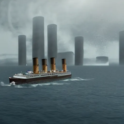 Prompt: titanic colliding with the twin towers in the middle of the ocean, photorealistic, 4k, high quality