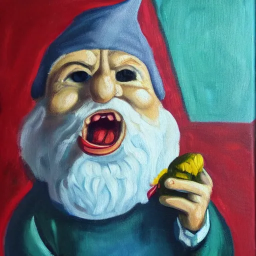 Image similar to oil painting of an angry gnome screaming while eating