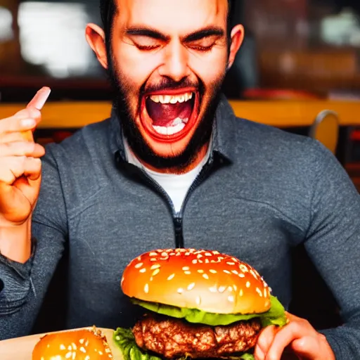 Image similar to man taking a big bite out of a juicy hamburger