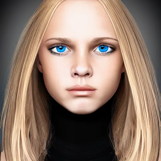 Prompt: High-Quality photorealistic portrait of a young thin girl, blue eyes, blonde hair, wearing a black turtle neck, face center close-up, realistic colors