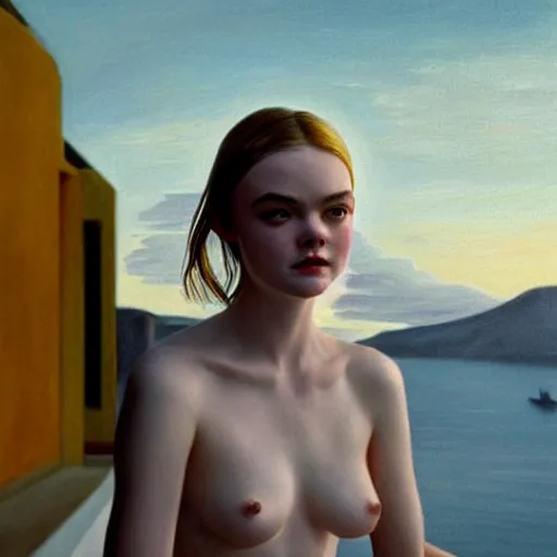 Image similar to Elle Fanning in Santorini at night, head and shoulders portrait, stormy weather, extremely detailed masterpiece, Roger Deakin’s cinematography, oil on canvas, Edward Hopper,