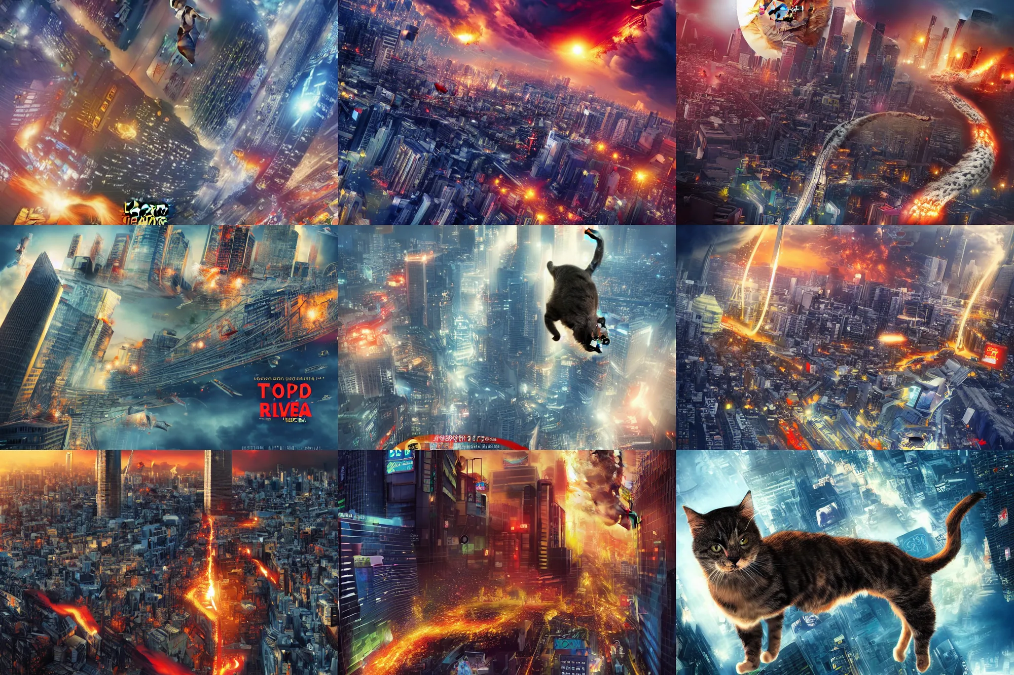 Prompt: cat attacking Tokyo city, disaster movie poster, cgstudio