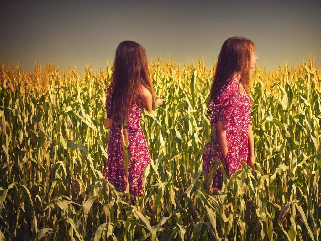 Prompt: color ink print photography depicting a young lady's soul escaping while standing in a corn field on a sunny day, sunny but also the stars are shining. 16K resolution. vivid light and colors. took a month straight to complete post-filtering of this photograph.