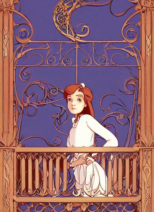 Image similar to well - lit art nouveau portrait of a 1 3 - year old girl with a shy expression, looking out from a balcony with a rose trellis, natural lighting, path traced, highly detailed, high quality, cartoon, digital painting, by don bluth and ross tran and studio ghibli