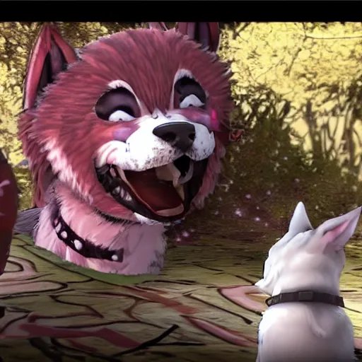 Image similar to Screenshot of the Markiplier character in the PlayStation 2 game Okami. HDR, 4k, 8k, Okami being petted by the YouTuber Markiplier, who is looking at the camera while petting Okami. Very accurate depiction of Markiplier in Okami. Okami the wolf looks exactly like the game when he was pet by Markiplier