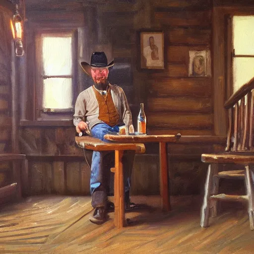 Image similar to modern oil painting portrait of cowboy at table with bottle in western saloon, 1890, masterpiece, realistic and detailed, artstation, interesting lightning