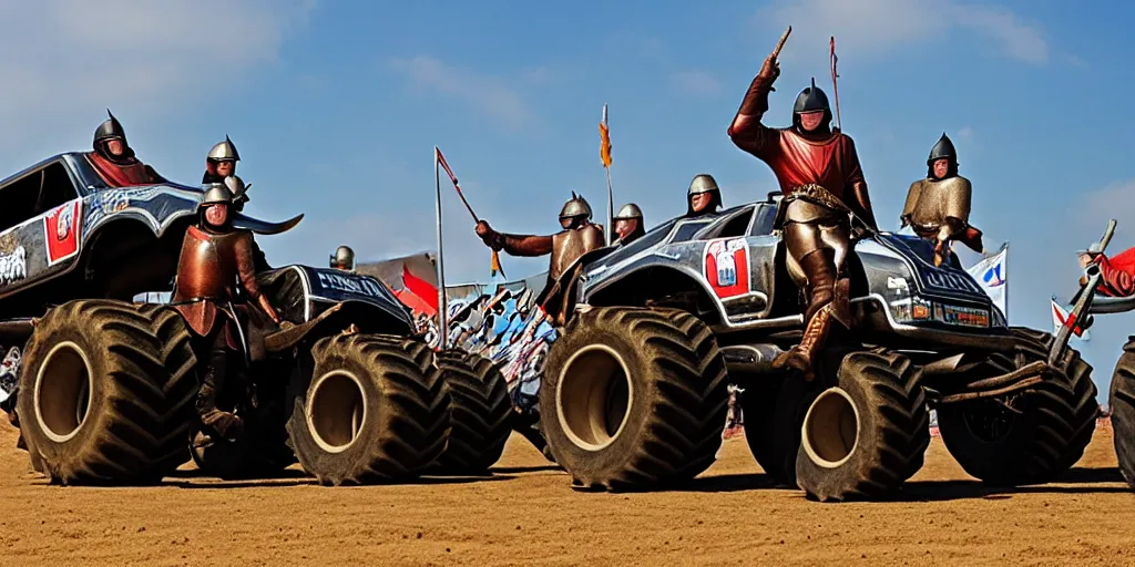 Image similar to medieval cavalry at a monster truck rally