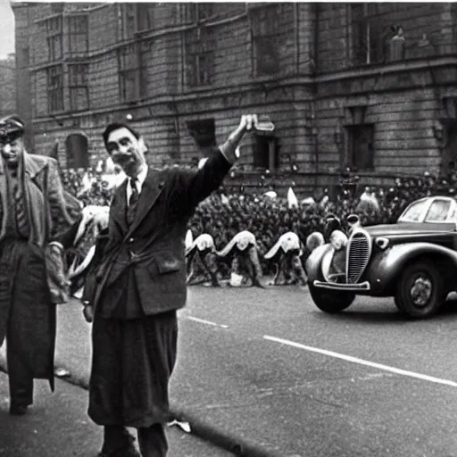 Image similar to mr bean at the nazi nuermberg rallies, historical, 1 9 4 0 s photo style, extreme detail, gritty, serious