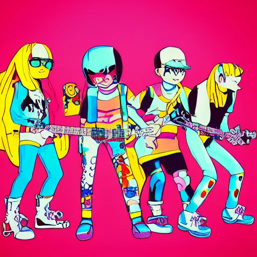 Image similar to bandphoto of chiptune band, in the style of billelis and james jean and pedro conti and stanley kubrick, inspired by die antwoord, kawaii colors, photorealistic, epic, super technical, 3 d render