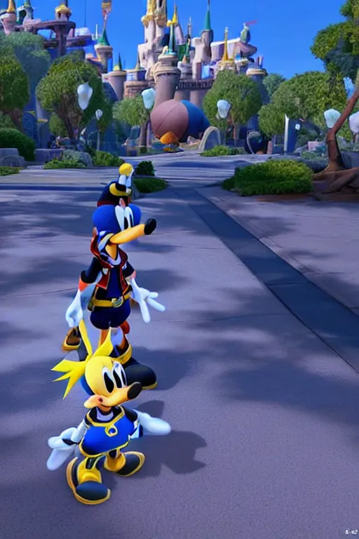 Image similar to screenshot of kingdom hearts 3, Disney and final fantasy crossover, donald duck and goofy npc characters, Kingdom hearts styled gameplay, unreal engine 4, kingdom hearts 3, kingdom hearts, cartoony lighting, disneyworld at kingdom hearts, Disney inspired setting with Sora and Donald in the scene, image of an action adventure rpg, magical fantasy l, artstationHD, stunning pixar graphics, rtx on, sharp focus