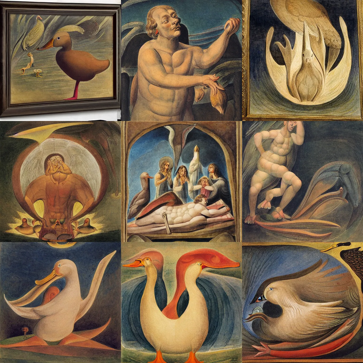 Prompt: biblical with a duck head, by jean deville, by william blake, oil on canvas