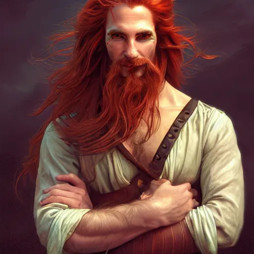 Image similar to portrait of a young ruggedly handsome but joyful pirate, male, masculine, upper body, red crimson hair, long long flowing hair, fantasy, proud smirk, intricate, elegant, highly detailed, digital painting, artstation, concept art, matte, sharp focus, illustration, art by artgerm and greg rutkowski and alphonse mucha