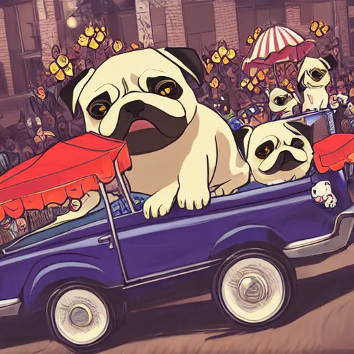 Image similar to important president pug dog in a convertible parade, expensive suits, Nintendo game art, Hayao Miyazaki, intricate detail, illustration, beautiful lighting,