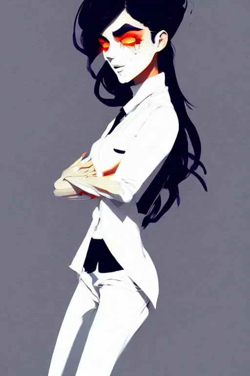 Image similar to a ultradetailed beautiful panting of a stylish woman, she is wearing a white shirt with a tie and black pants, by conrad roset, greg rutkowski and makoto shinkai trending on artstation