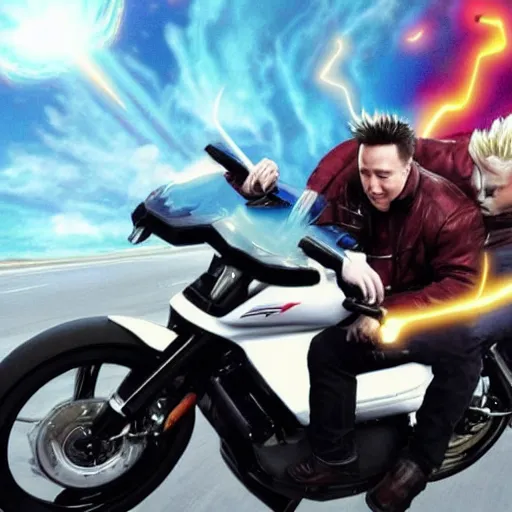 Image similar to elon musk as a super sayan riding on a motorcycle