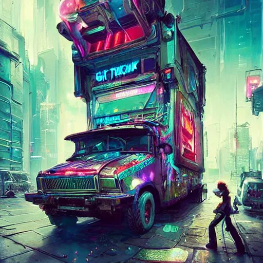 Image similar to a cyberpunk ice cream truck, highly detailed epic, CG render digital painting artwork by Greg Rutkowski, John Berkey, Alexander Jansson, Kuvshinov, WLOP, Artgerm, trending on ArtStation, intricate artwork by Tooth Wu, Wlop and Beeple. octane render, trending on artstation, greg rutkowski very coherent symmetrical artwork, bokeh, cinematic, hyper realism, high detail, octane render, vervia, 8k