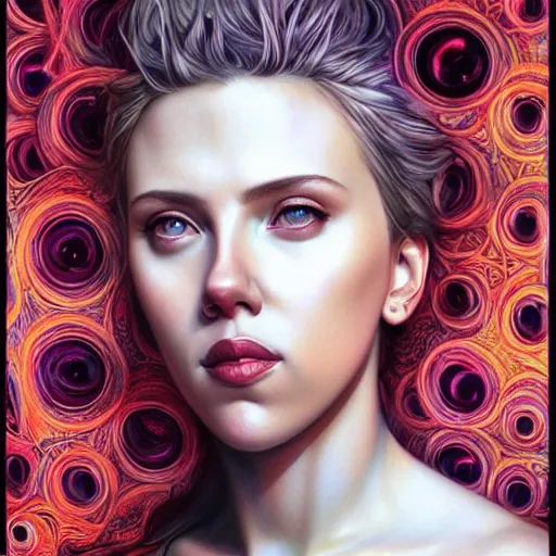 Image similar to portrait of scarlett johansson, hyper detailed masterpiece, neon floral pattern, jean giraud, digital art painting, darkwave goth aesthetic, psychedelic, artgerm, donato giancola and tom bagshaw